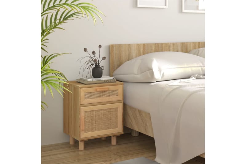 beBasic Sängbord 2 st brun massiv furu och naturlig rotting - Brown - Sängbord & nattduksbord