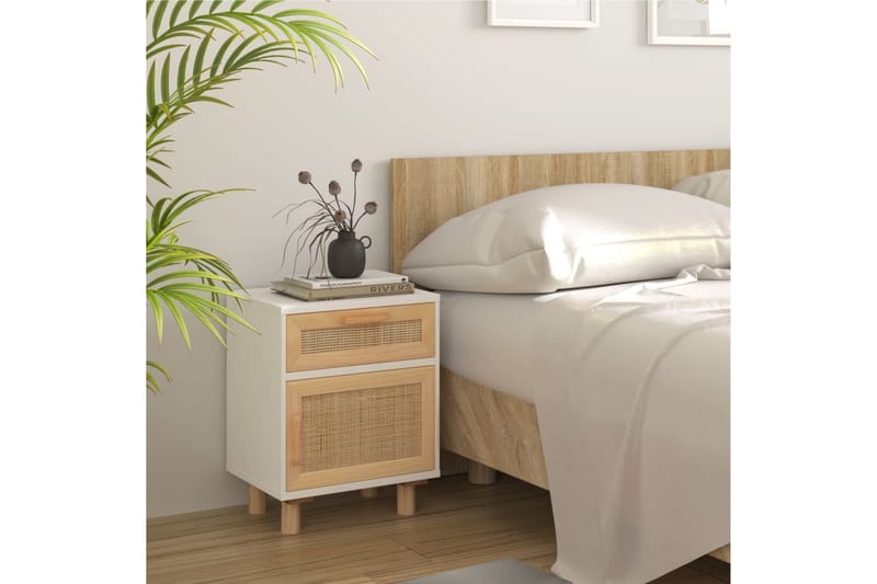 beBasic Sängbord 2 st vit massiv furu och naturlig rotting - White - Sängbord & nattduksbord