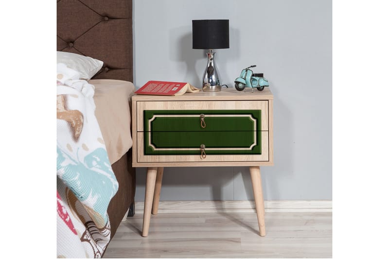 Brokind Sängbord 60 cm med Förvaring 2 Lådor Dekor - Natur/Grön - Möbler - Bord & matgrupp - Avlastningsbord & sidobord - Sängbord & nattduksbord