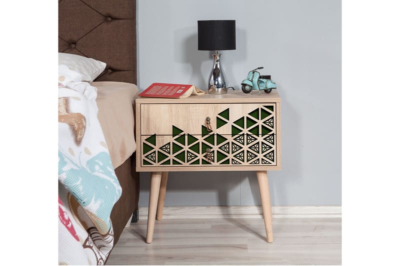 Brokind Sängbord 60 cm med Förvaring 2 Lådor Trianglar - Natur/Grön - Möbler - Bord & matgrupp - Avlastningsbord & sidobord - Sängbord & nattduksbord