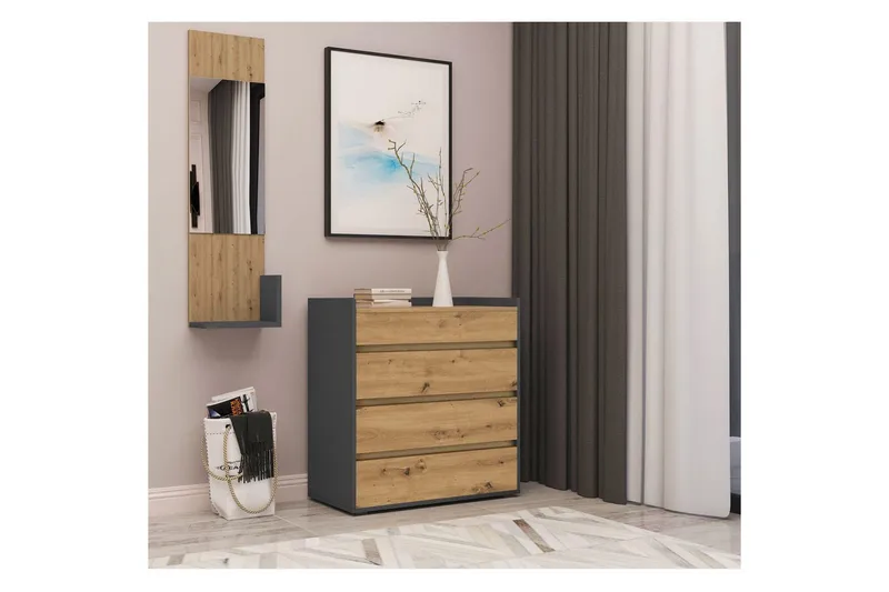 Byrå Kosmo Antracit/Ek, 4 lådor - Antracit/Ek, 4 lådor - Möbler - Bord & matgrupp - Avlastningsbord & sidobord - Konsolbord & hallbord