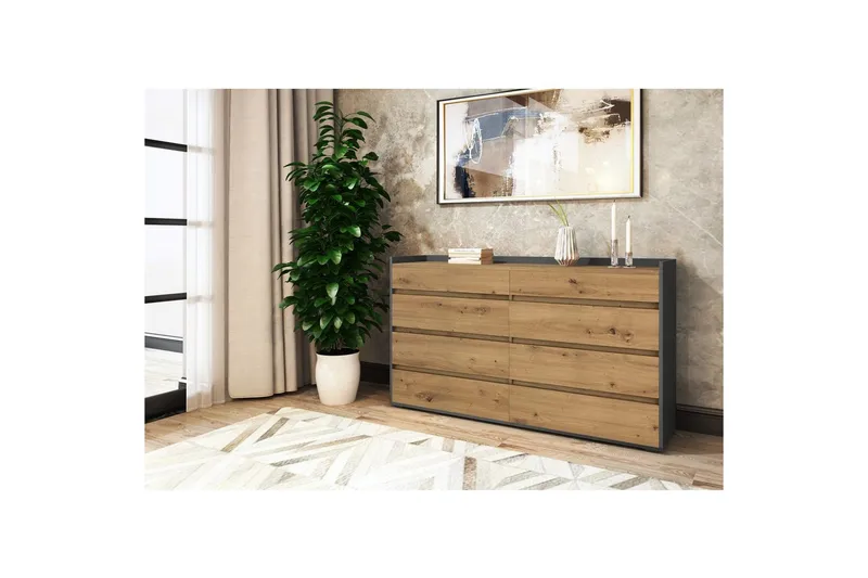 Byrå Kosmo Antracit/Ek, 8 lådor - Antracit/Ek, 8 lådor - Möbler - Bord & matgrupp - Avlastningsbord & sidobord - Konsolbord & hallbord