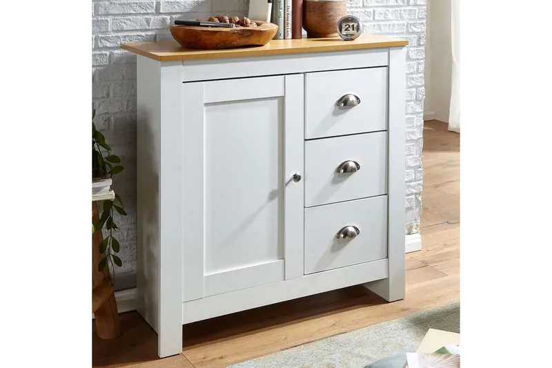 Byrå Wohnling med 3 lådor 2 dörrar tvåfärgad vit ek lantlig stil - Förvaring - Förvaringsmöbler - Byrå - Hallbyrå