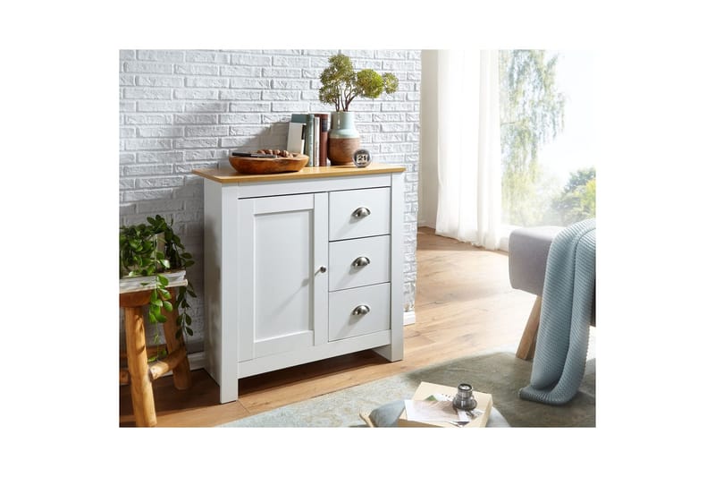 Byrå Wohnling med 3 lådor 2 dörrar tvåfärgad vit ek lantlig stil - Möbler - Bord & matgrupp - Avlastningsbord & sidobord - Konsolbord & hallbord