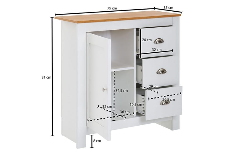 Byrå Wohnling med 3 lådor 2 dörrar tvåfärgad vit ek lantlig stil - Möbler - Bord & matgrupp - Avlastningsbord & sidobord - Konsolbord & hallbord