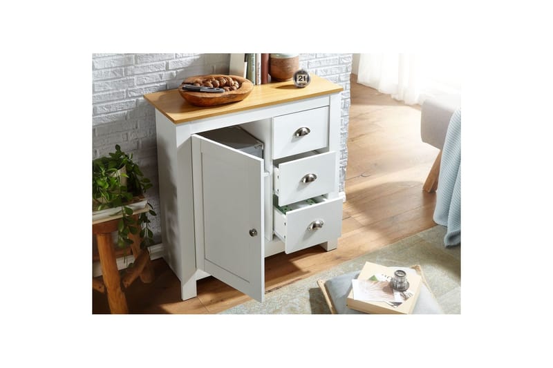 Byrå Wohnling med 3 lådor 2 dörrar tvåfärgad vit ek lantlig stil - Möbler - Bord & matgrupp - Avlastningsbord & sidobord - Konsolbord & hallbord