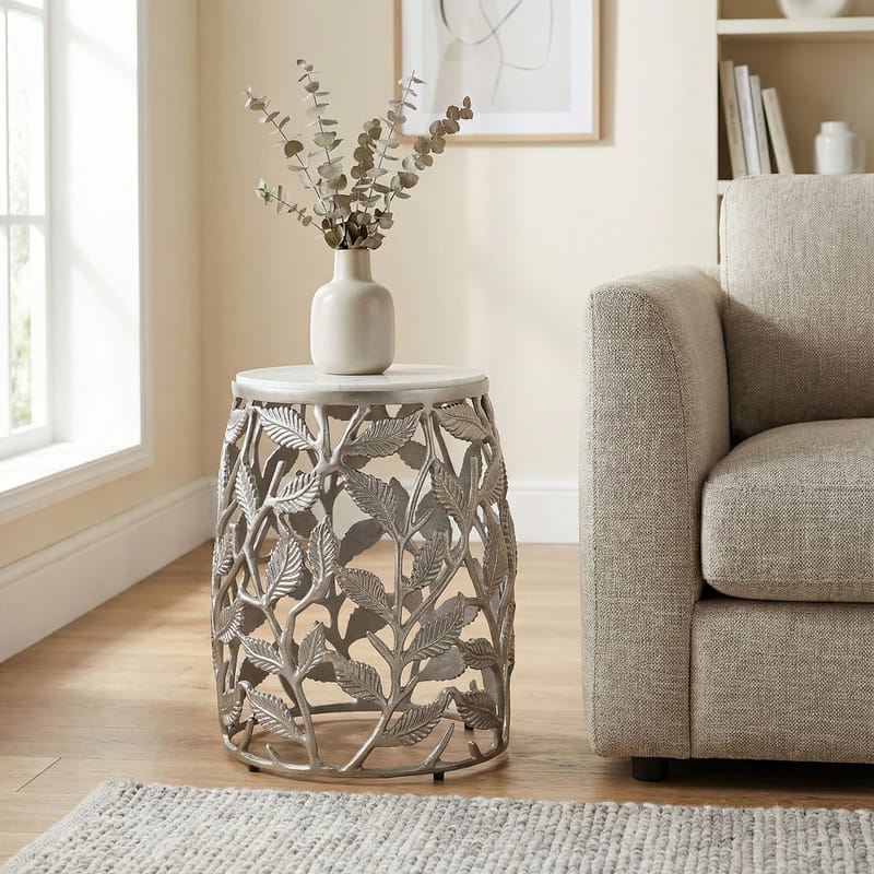 Ceron Runt sidobord 40 cm med marmorskiva - vit silver - Möbler - Bord & matgrupp - Avlastningsbord & sidobord - Brickbord & småbord