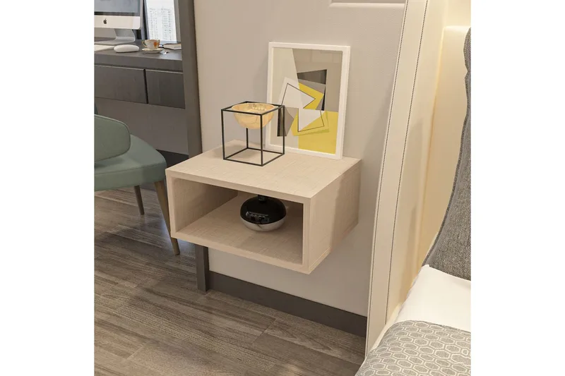 Dora Vägghängt Sängbord 45 cm med Trä- och Ekutseende, Förvaring med Hylla - Beige - Möbler - Bord & matgrupp - Avlastningsbord & sidobord - Sängbord & nattduksbord