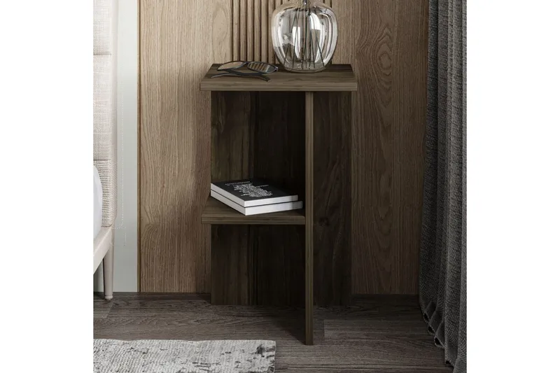 Gwyneth Sängbord 36 cm med Trä- och Valnötsutseende, Förvaring med Hyllor - Mörkbrun - Möbler - Bord & matgrupp - Avlastningsbord & sidobord - Sängbord & nattduksbord