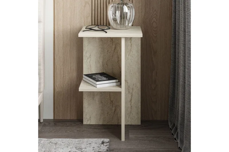 Gwyneth Sängbord 36 cm med Travertinutseende, Förvaring med Hyllor - Grå - Möbler - Bord & matgrupp - Avlastningsbord & sidobord - Sängbord & nattduksbord