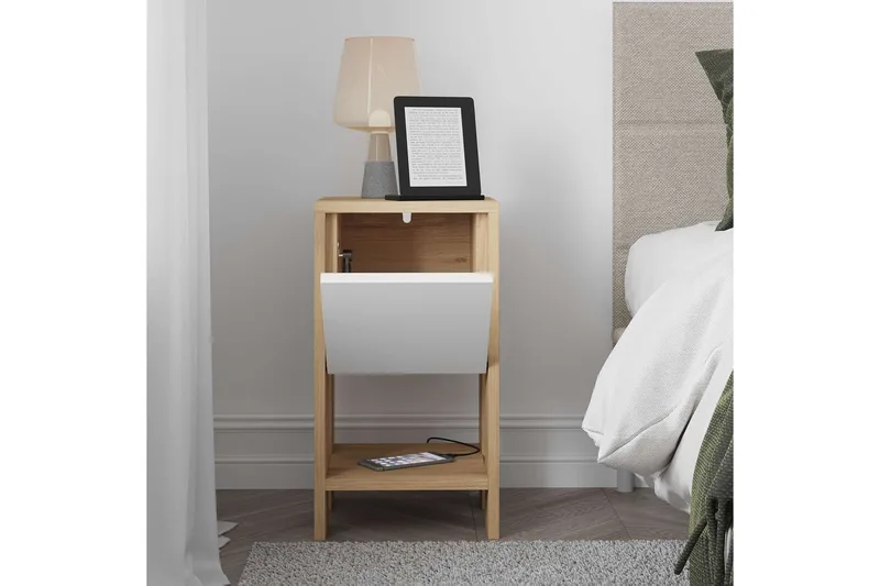 Haelyn Sängbord 30 cm med Trä- och Ekutseende, Förvaring med Hylla - Natur/Vit - Möbler - Bord & matgrupp - Avlastningsbord & sidobord - Sängbord & nattduksbord
