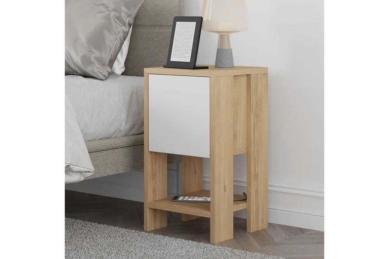 Haelyn Sängbord 30 cm med Trä- och Ekutseende, Förvaring med Hylla - Natur/Vit - Möbler - Bord & matgrupp - Avlastningsbord & sidobord - Sängbord & nattduksbord