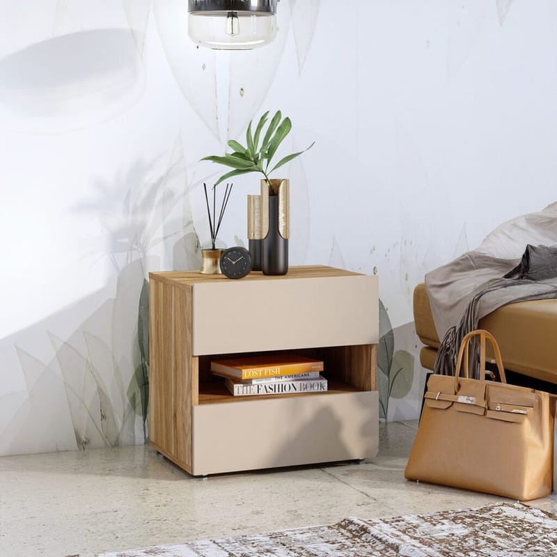 Impressio Sängbord i Trä med 2 Lådor - Gråbeige - Möbler - Bord & matgrupp - Avlastningsbord & sidobord - Sängbord & nattduksbord