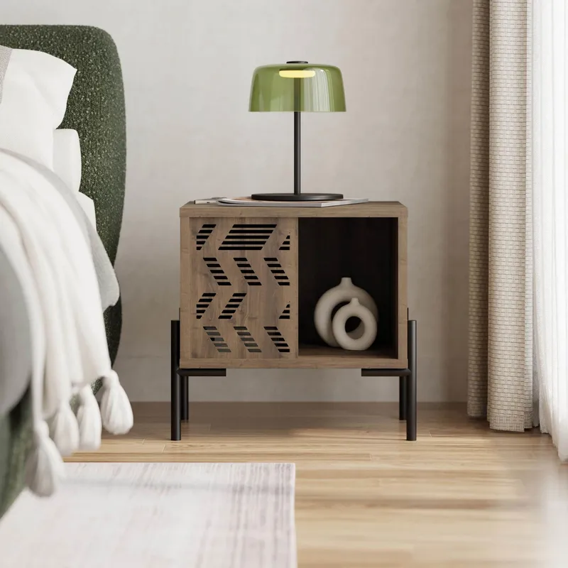 Losina Sängbord 45 cm i Valnötsutseende med Förvaring & Metallben - Mellanbrun - Möbler - Bord & matgrupp - Avlastningsbord & sidobord - Sängbord & nattduksbord