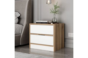 Munna Sängbord & Nattduksbord 54 cm med Trä- och Valnötsutseende, Förvaring med Lådor - Vit/Brun - Möbler - Bord & matgrupp - Avlastningsbord & sidobord - Sängbord & nattduksbord