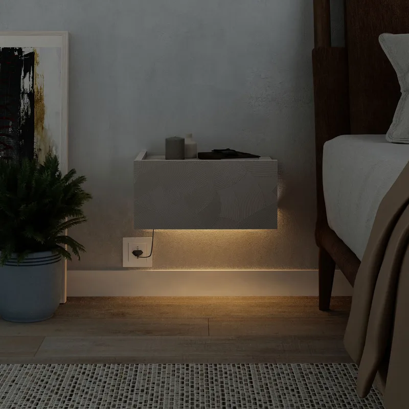 Nilena Vägghängt Sängbord & Nattduksbord med LED-belysning och Låda 38 cm i Trä & Travertin - Beige - Möbler - Bord & matgrupp - Avlastningsbord & sidobord - Sängbord & nattduksbord