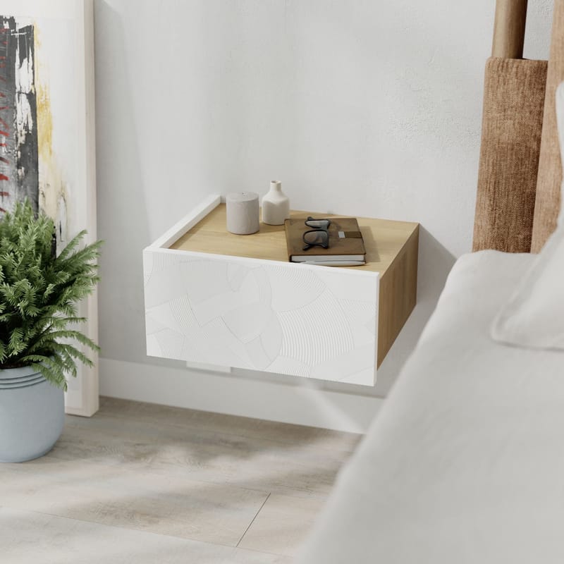 Nilena Vägghängt Sängbord 38 cm med Trä- och Ekutseende, Förvaring med Låda och LED-belysning - Vit/Brun - Möbler - Bord & matgrupp - Avlastningsbord & sidobord - Sängbord & nattduksbord