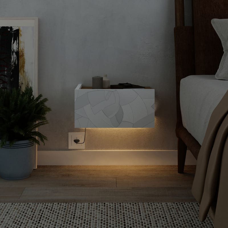 Nilena Vägghängt Sängbord 38 cm med Trä- och Ekutseende, Förvaring med Låda och LED-belysning - Vit/Brun - Möbler - Bord & matgrupp - Avlastningsbord & sidobord - Sängbord & nattduksbord