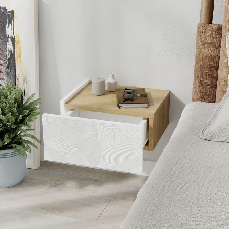 Nilena Vägghängt Sängbord 38 cm med Trä- och Ekutseende, Förvaring med Låda - Vit/Beige - Möbler - Bord & matgrupp - Avlastningsbord & sidobord - Sängbord & nattduksbord