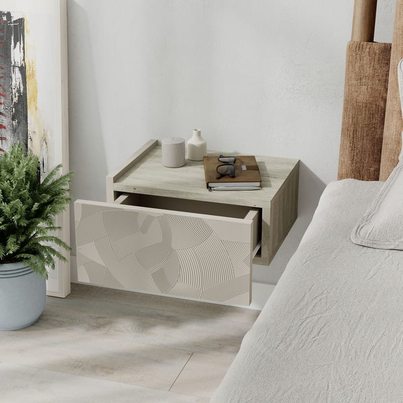 Nilena Vägghängt Sängbord 38 cm med Travertinutseende, Förvaring med Låda - Beige - Möbler - Bord & matgrupp - Avlastningsbord & sidobord - Sängbord & nattduksbord