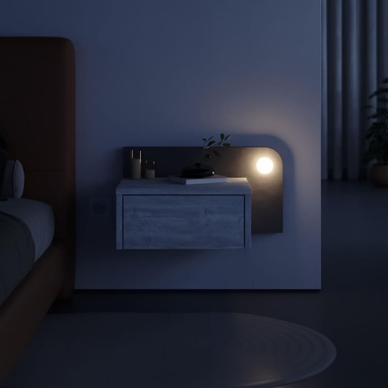 Nosina Vägghängt Sängbord 52 cm med Ek- och Betongutseende, Förvaring med Låda och LED-belysning - Grå/Vit - Möbler - Bord & matgrupp - Avlastningsbord & sidobord - Sängbord & nattduksbord