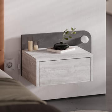 Nosina Vägghängt Sängbord 52 cm med Ek- och Betongutseende, Förvaring med Låda och LED-belysning - Grå/Vit - Möbler - Bord & matgrupp - Avlastningsbord & sidobord - Sängbord & nattduksbord