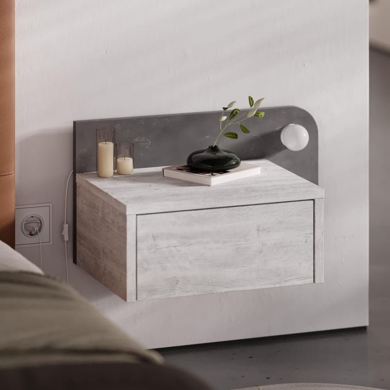 Nosina Vägghängt Sängbord 52 cm med Ek- och Betongutseende, Förvaring med Låda och LED-belysning - Grå/Vit - Möbler - Bord & matgrupp - Avlastningsbord & sidobord - Sängbord & nattduksbord
