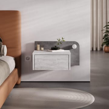 Nosina Vägghängt Sängbord 52 cm med Ek- och Betongutseende, Förvaring med Låda och LED-belysning - Grå/Vit - Möbler - Bord & matgrupp - Avlastningsbord & sidobord - Sängbord & nattduksbord