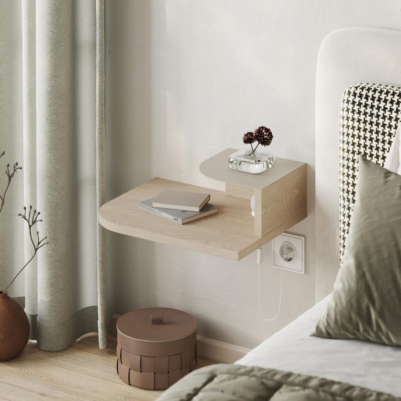 Rilina Vägghängt Sängbord 40 cm med Trä- och Ekutseende, Förvaring med Hylla och LED-belysning - Beige - Möbler - Bord & matgrupp - Avlastningsbord & sidobord - Sängbord & nattduksbord