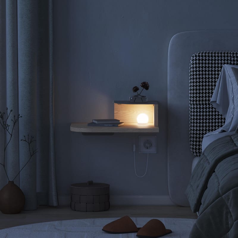 Rilina Vägghängt Sängbord 40 cm med Trä- och Ekutseende, Förvaring med Hylla och LED-belysning - Beige - Möbler - Bord & matgrupp - Avlastningsbord & sidobord - Sängbord & nattduksbord