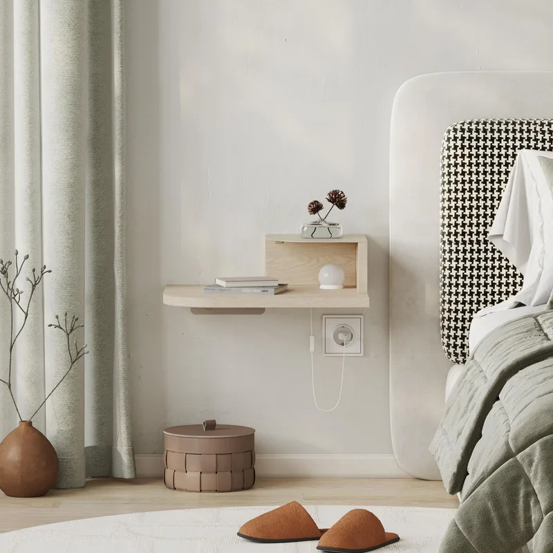 Rilina Vägghängt Sängbord 40 cm med Trä- och Ekutseende, Förvaring med Hylla och LED-belysning - Beige - Möbler - Bord & matgrupp - Avlastningsbord & sidobord - Sängbord & nattduksbord