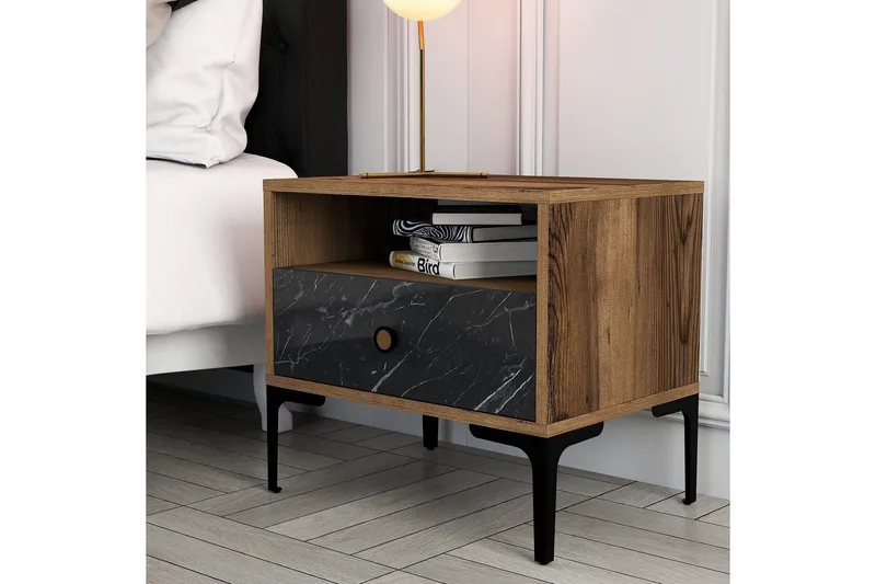 Ameias Sängbord 56x40 cm Brun/Svart - Hanah Home - Möbler - Bord & matgrupp - Avlastningsbord & sidobord - Sängbord & nattduksbord