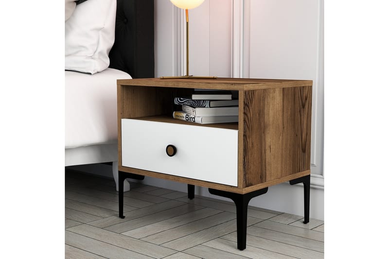 Sängbord Ameias 56x40 cm Brun/Vit - Hanah Home - Möbler - Bord & matgrupp - Avlastningsbord & sidobord - Sängbord & nattduksbord