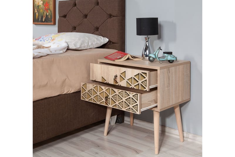 Sängbord Dirk 60 cm med Förvaring 2 Lådor Trianglar - Brun/Ek - Sängbord & nattduksbord