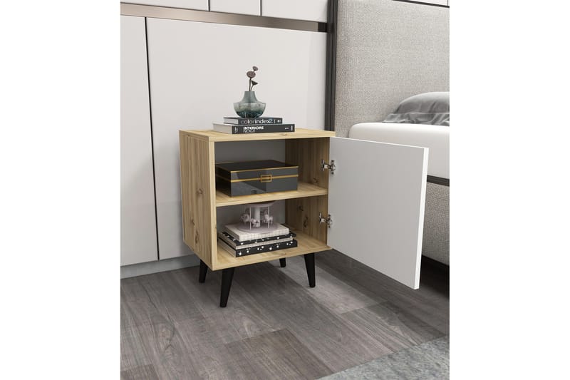 Sängbord Hastikoz 45x35 cm Vit/Brun - Hanah Home - Möbler - Bord & matgrupp - Avlastningsbord & sidobord - Sängbord & nattduksbord