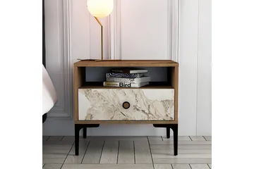 Ameias Sängbord 56 cm med Valnöts- och Marmorutseende, Förvaring med Låda - Brun/Grå - Möbler - Bord & matgrupp - Avlastningsbord & sidobord - Sängbord & nattduksbord