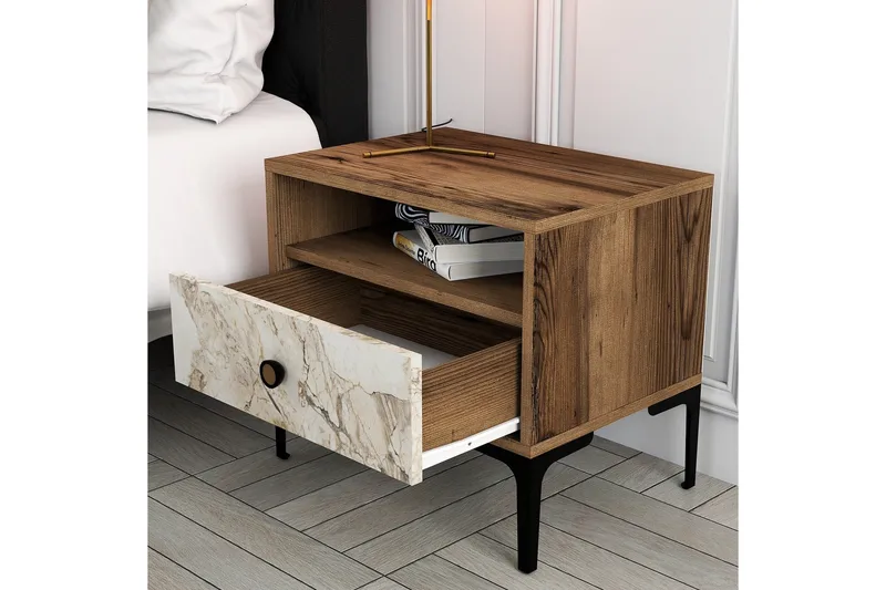 Ameias Sängbord 56 cm med Valnöts- och Marmorutseende, Förvaring med Låda - Brun/Grå - Möbler - Bord & matgrupp - Avlastningsbord & sidobord - Sängbord & nattduksbord