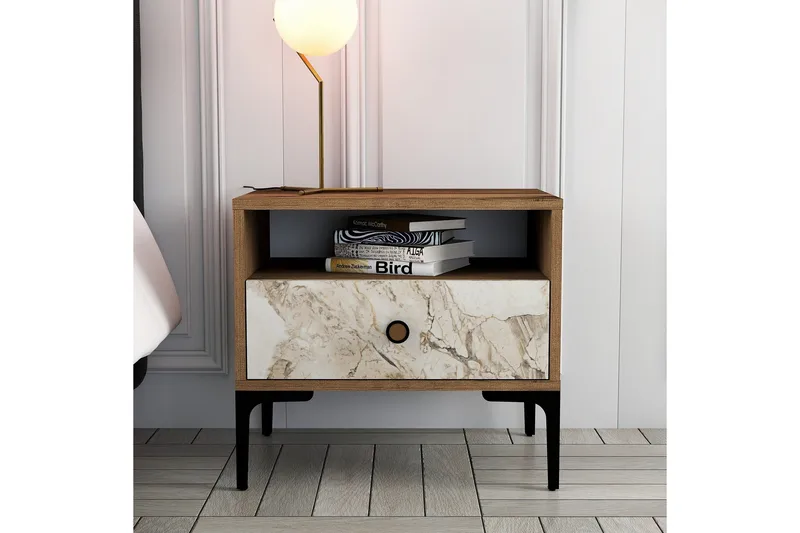 Ameias Sängbord 56x40 cm Brun/Vit - Hanah Home - Möbler - Bord & matgrupp - Avlastningsbord & sidobord - Sängbord & nattduksbord