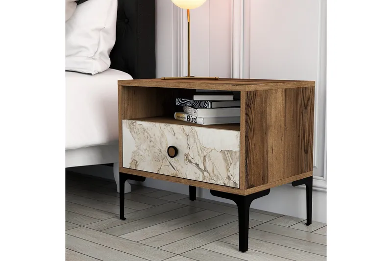 Ameias Sängbord 56x40 cm Brun/Vit - Hanah Home - Möbler - Bord & matgrupp - Avlastningsbord & sidobord - Sängbord & nattduksbord