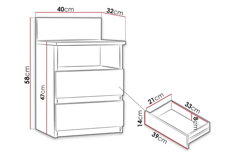 Basildon Sängbord 40 cm med Förvaring 2 Lådor + Hylla - Svart - Möbler - Bord & matgrupp - Avlastningsbord & sidobord - Sängbord & nattduksbord