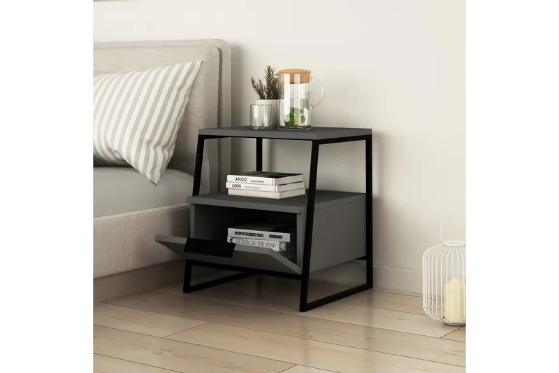 Bodsjö Sängbord 45 cm med Förvaring Hylla + Lucka - Grå/Svart - Möbler - Bord & matgrupp - Avlastningsbord & sidobord - Sängbord & nattduksbord