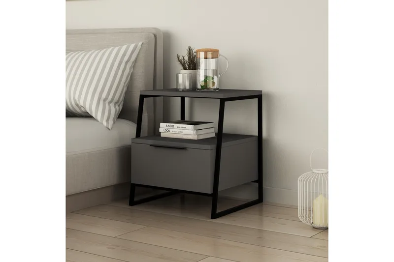 Bodsjö Sängbord 45 cm med Förvaring Hylla + Lucka - Grå/Svart - Möbler - Bord & matgrupp - Avlastningsbord & sidobord - Sängbord & nattduksbord