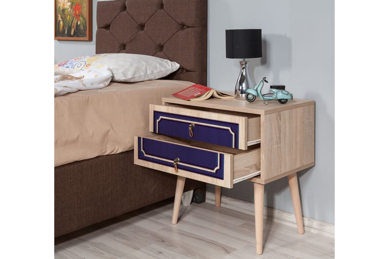 Brokind Sängbord 60 cm med Förvaring 2 Lådor Dekor - Natur/Blå - Möbler - Bord & matgrupp - Avlastningsbord & sidobord - Sängbord & nattduksbord