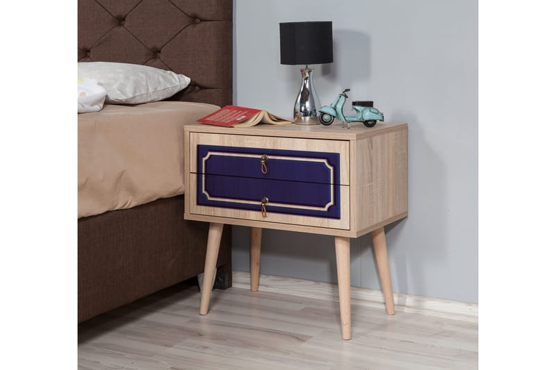 Brokind Sängbord 60 cm med Förvaring 2 Lådor Dekor - Natur/Blå - Möbler - Bord & matgrupp - Avlastningsbord & sidobord - Sängbord & nattduksbord