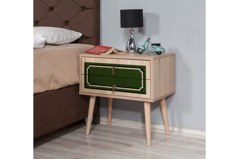 Brokind Sängbord 60 cm med Förvaring 2 Lådor Dekor - Natur/Grön - Möbler - Bord & matgrupp - Avlastningsbord & sidobord - Sängbord & nattduksbord