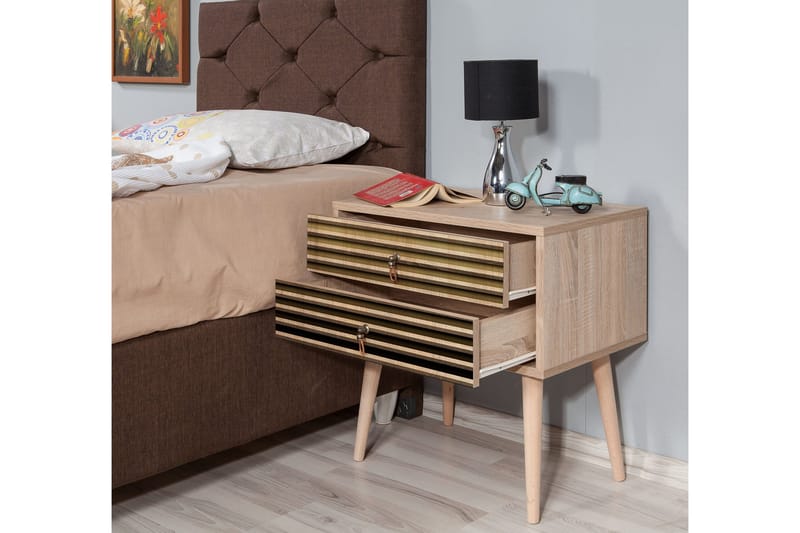 Brokind Sängbord 60 cm med Förvaring 2 Lådor Ränder - Natur - Möbler - Bord & matgrupp - Avlastningsbord & sidobord - Sängbord & nattduksbord