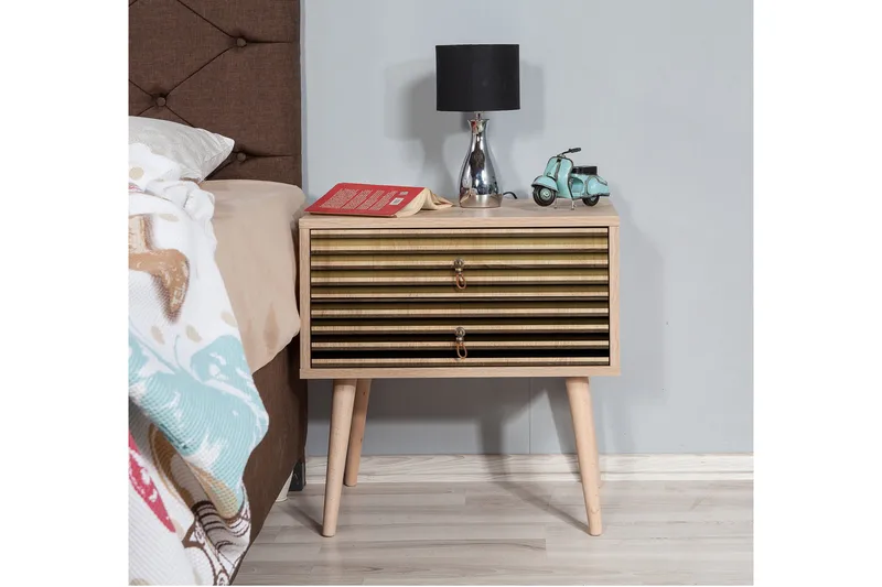 Brokind Sängbord 60 cm med Förvaring 2 Lådor Ränder - Natur - Möbler - Bord & matgrupp - Avlastningsbord & sidobord - Sängbord & nattduksbord