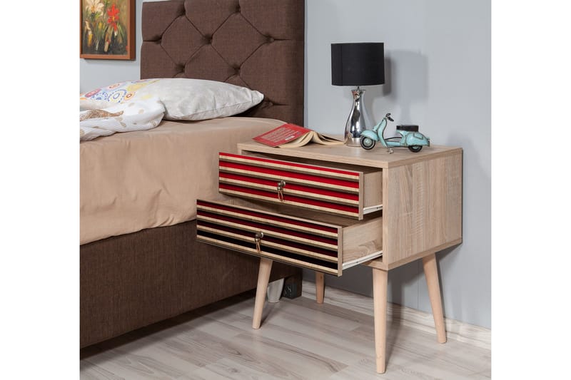 Brokind Sängbord 60 cm med Förvaring 2 Lådor Ränder - Natur/Röd - Möbler - Bord & matgrupp - Avlastningsbord & sidobord - Sängbord & nattduksbord