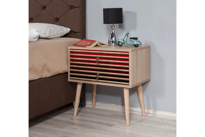 Brokind Sängbord 60 cm med Förvaring 2 Lådor Ränder - Natur/Röd - Möbler - Bord & matgrupp - Avlastningsbord & sidobord - Sängbord & nattduksbord
