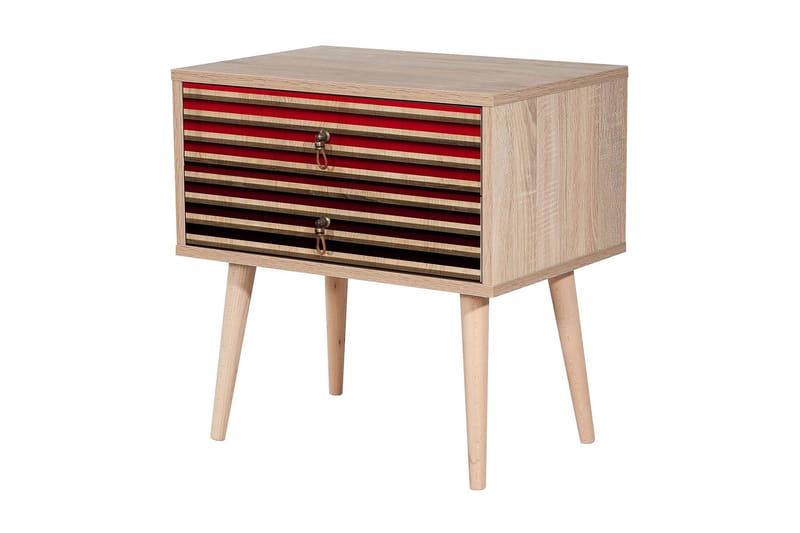 Brokind Sängbord 60 cm med Förvaring 2 Lådor Ränder - Natur/Röd - Möbler - Bord & matgrupp - Avlastningsbord & sidobord - Sängbord & nattduksbord